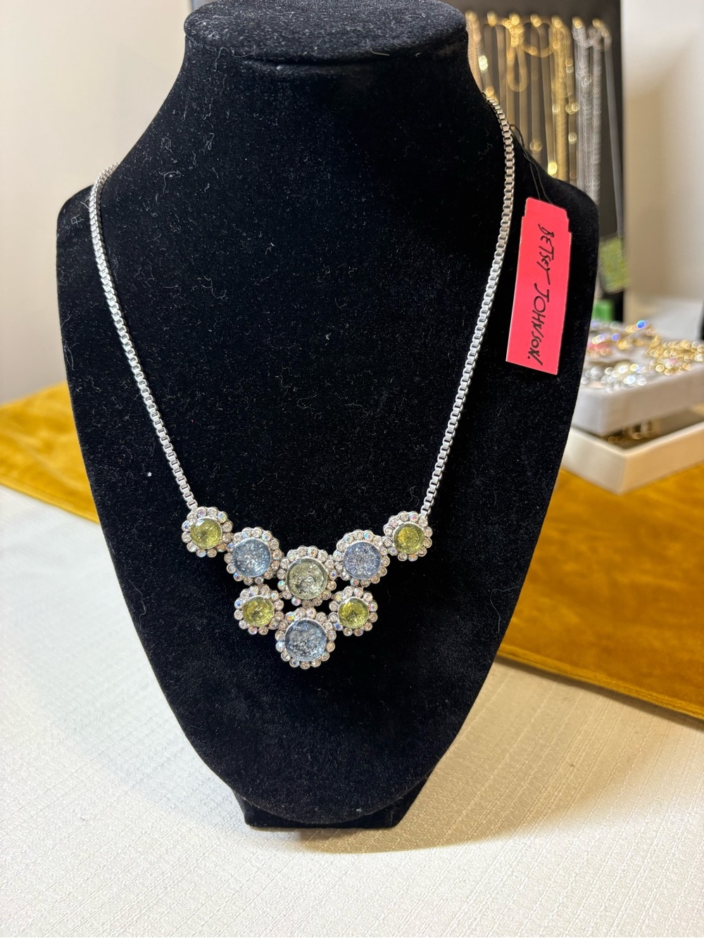 Betsey Johnson Silver Necklace with Green and Light Blue Stones
